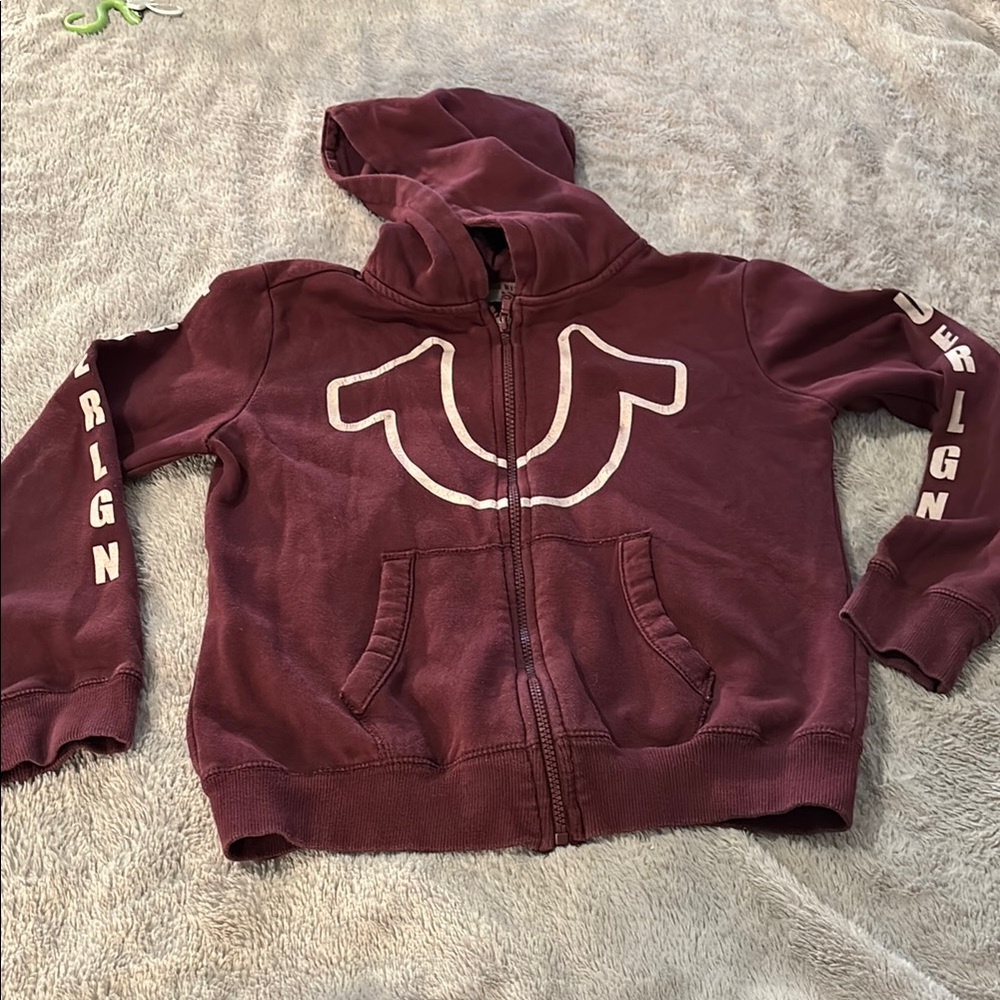 True Religion Burgundy Zip-Up Hoodie Sweatshirt Casual